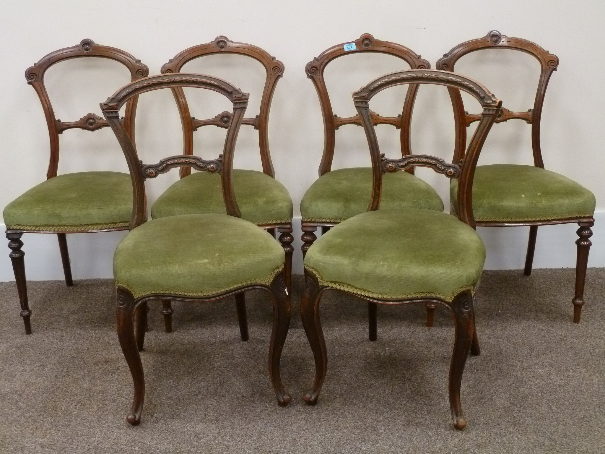 Four Victorian walnut dining chairs and two others