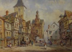 P Marny (British 1829-1914): Continental Market Place, watercolour signed 26cm x 37cm
