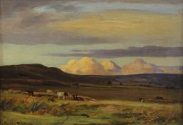 Ernest Higgins Rigg (Staithes Group 1868-1947): Cattle on the edge of the Moors, oil on canvas board