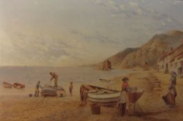 Kate E Booth (British fl.1850-1870): 'Cleaning the Boat', watercolour signed and titled 34cm x 52cm