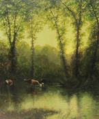 John Brandon Smith (British 1848-1884): Cattle Watering in Wooded setting, oil on canvas signed