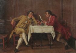F Verney (Continental 19th century): Discussion over a Drink, oil on canvas signed 27cm x 38cm