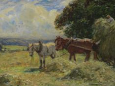 John Atkinson (Staithes Group 1863-1924): Horses in the Harvest Field, oil on canvas signed 20cm x