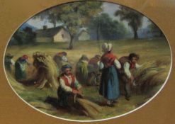 J Mielier (?) (Continental 19th/20th century): Harvest Scene, oval oil on card, indistinctly