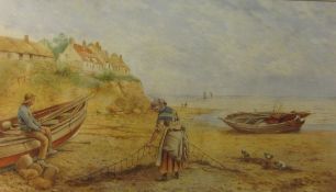 Kate E Booth (British fl.1850-1870): 'Spreading the Net', watercolour signed and titled 30cm x 53cm