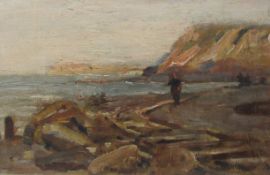 James William Booth (Staithes Group 1867-1953): Figures on the Railway Line at Port Mulgrave, oil on