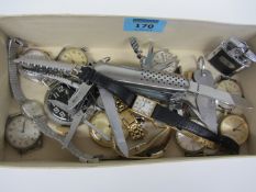 Raymond Weil wristwatch, other watches, pocket watches, penknives etc in one box