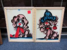 Pair of 1950's vintage revese paintings on glass, two cartoon dogs signed Beccafichi