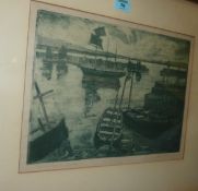 'Sunrise Newlyn Harbour', John Michaux early 20th Century blue etching signed and titled in pencil