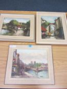 'Bord du Seine', The duck pond and narrow street  three oils on canvas by Harry Koolen