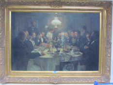 Edwardian dinner party large colour print in gilt frame