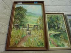 'The Stile Dentdale' and a River View, two oils on board signed by Ken Johnson