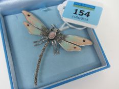 Large enamel dragonfly brooch set with garnets,Marcasite and shell stamped 925