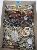 Beads, ear-rings, brooches and costume jewellery in one box