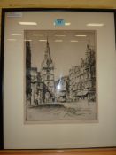 City Centre with electric Tram, early 20th century signed artist's etching