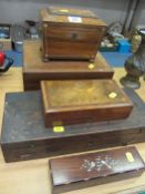 Early Victorian rosewood inlaid two division tea caddy and four other boxes and an old leather bound