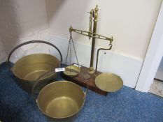 Set of Victorian brass shop scales on mahogany plinth and two Victorian brass jam pans