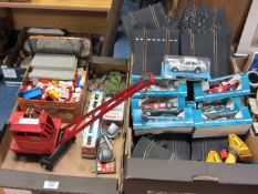 Scalextric, Tri-ang tin plate crane, Lego and other toys in two boxes