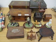 Three old boxes, small stool, Border Fine Arts, other figures etc