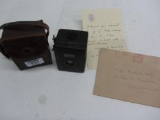 Copy letter in House of Commons envelope from Sir Winston Churchill dated 1945 and a Zeiss Ikon baby