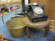 Black bakelite cased telephone, Victorian brass preserve pan and a carved stool