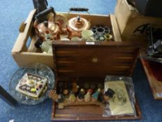 Draughts and Back Gammon  folding board, two copper kettles, ceramics and miscellanea in one box