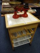 Tile top kitchen trolley and set of scales with weights