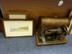 'Whitby' signed coloured print, other pictures and Singer hand sewing machine