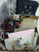 Large collection of coins and stamps in one box