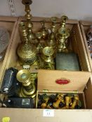 Boxwood and ebony chess set, Edwardian pewter cigarette box, opera glasses and assorted brassware,