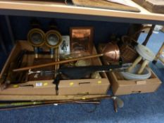 Walking stick, Edwardian parasol, a pair of coach lamps and miscellanea in two boxes