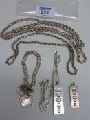 Hallmarked silver double curb chain pad-lock bracelet with coin, two silver ingots, chain necklace