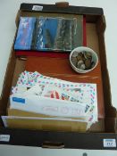 Loose stamps, albums and coins in one box