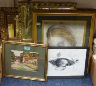 Two gilt framed mirrors and three prints