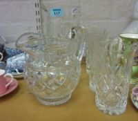 Glass crystal harlequin drinking set, including two jugs and four glasses