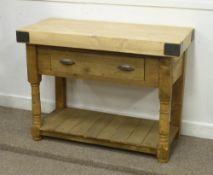 Butchers block with metal bound pine top, single drawer and potboard base, 112cm x 84cm high