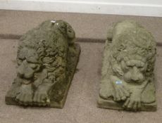 Pair of composite stone recumbent lions, L85cm