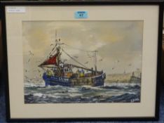 'Off Whitby', pen and watercolour heightened in white signed by Jack Rigg, 26cm x 36cm