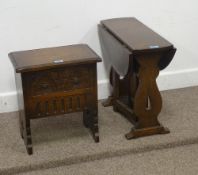 Medium oak work box with hinged top and a small oak drop leaf table