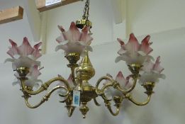 Christopher Wray brass seven branch chandelier with glass shades, with two spare shades , 49cm