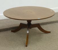 Reproduction circular inlaid mahogany coffee table, 92cm dia.