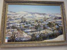 Yorkshire Dales Village in Winter, oil on canvas signed by Diana Rosemary Lodge and dated 1983,