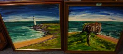 Dunnottar Castle and Scrudie Ness lighthouse pair of oil on board paintings signed by Jon Schofield