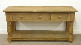 Traditional pine three drawer dresser with potboard base, W159cm