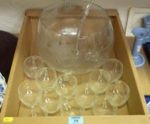 Etched glass punch service with twelve glasses