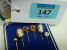 Seed pearl and opal heart stick pin and five others