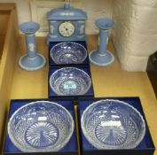Four Stuart crystal Sherbourne dishes and two Wedgwood 'The Dancing Hours' Jasperware candlesticks