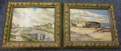 Canal scene and seascape oil on board signed Paul Mathieu