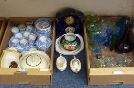 Blue and white Willow pattern part dinner service, ceramic clock and further ceramics and glass