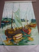 Boats in a harbour, large picture on silk